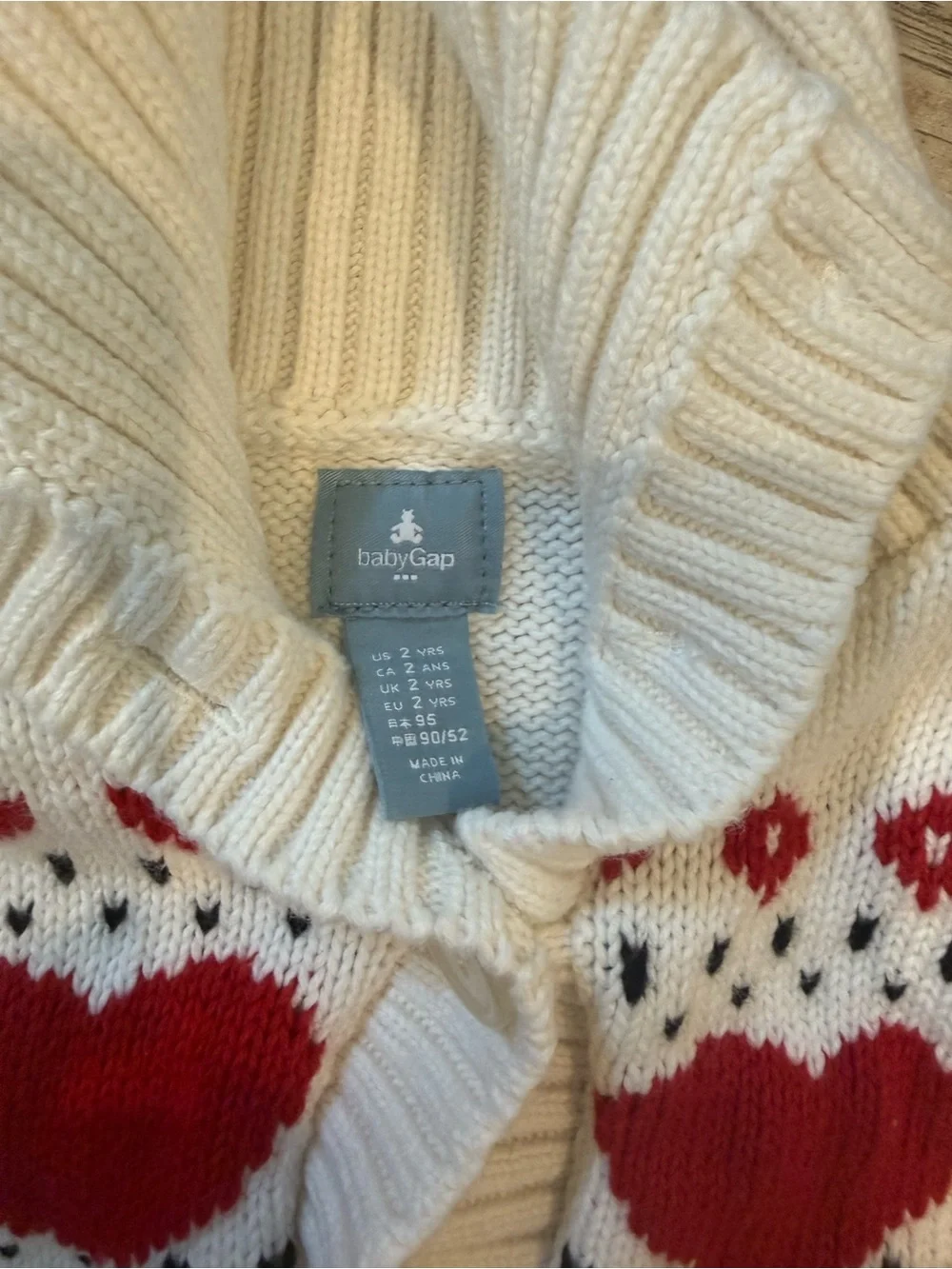 Gap Cream Cardigan Sweater with Red Heart Pattern
